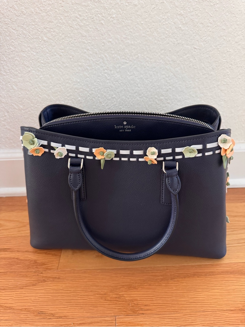 kate spade navy leather satchel with floral appliqué trim